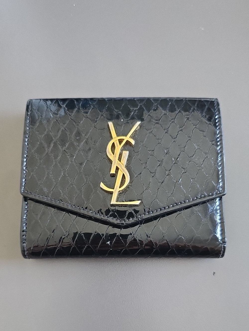 Saint Laurent Black Patent Snakeskin-Embossed Wallet with Gold YSL Logo